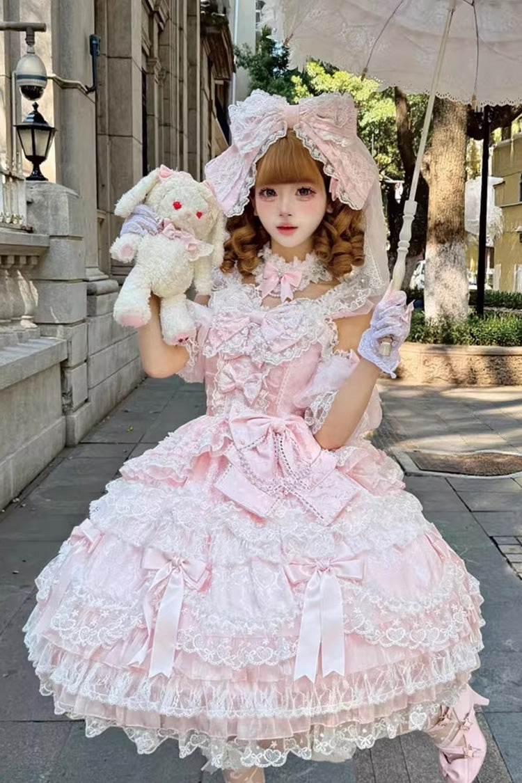 Lolita Jumper Skirt - Dream Of The Misty Moon, Pink, Bow Detail, Lace Trim, Ruffled - additional product view 4