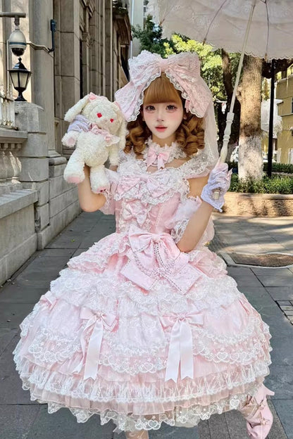 Lolita Jumper Skirt - Dream Of The Misty Moon, Pink, Bow Detail, Lace Trim, Ruffled - additional product view 4