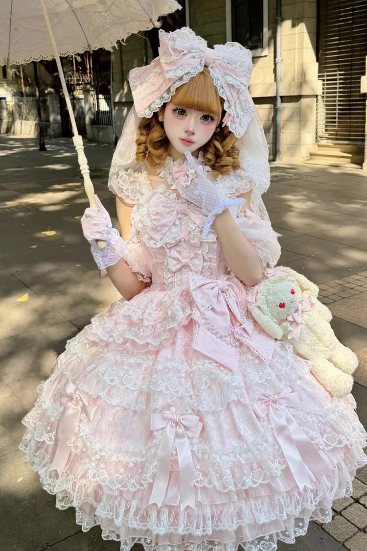 Lolita Jumper Skirt - Dream Of The Misty Moon, Pink, Bow Detail, Lace Trim, Ruffled - additional product view 5