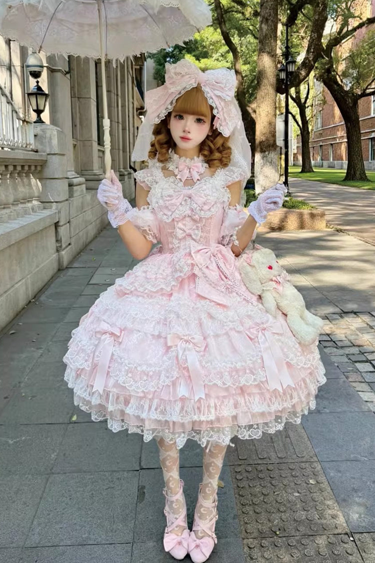 Lolita Jumper Skirt - Dream Of The Misty Moon, Pink, Bow Detail, Lace Trim, Ruffled - additional product view 6