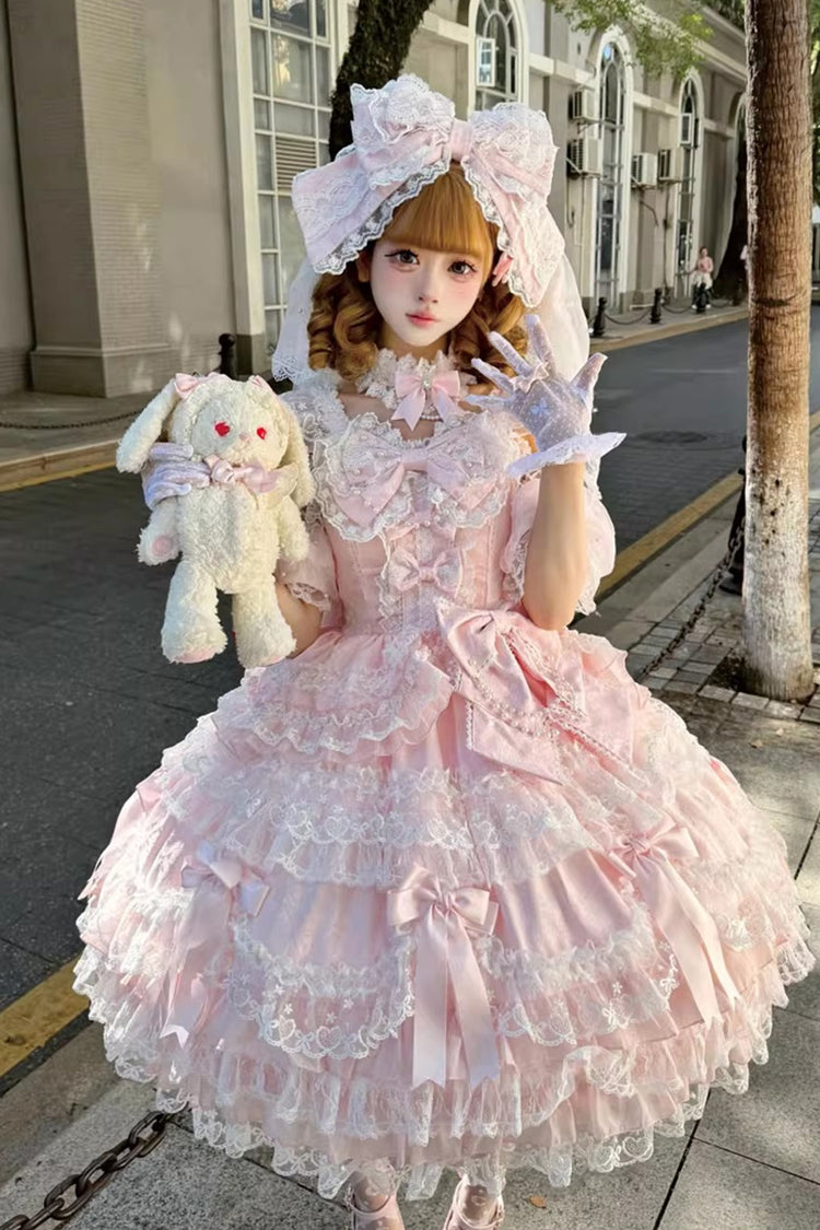 Lolita Jumper Skirt - Dream Of The Misty Moon, Pink, Bow Detail, Lace Trim, Ruffled - main product image