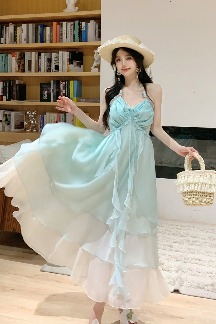 Lolita Jumper Skirt - Dreaming About The Sea, Green, Ruffled, Layered, Lace-Up - additional product view 3