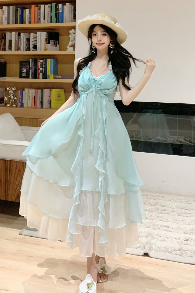 Lolita Jumper Skirt - Dreaming About The Sea, Green, Ruffled, Layered, Lace-Up - additional product view 4