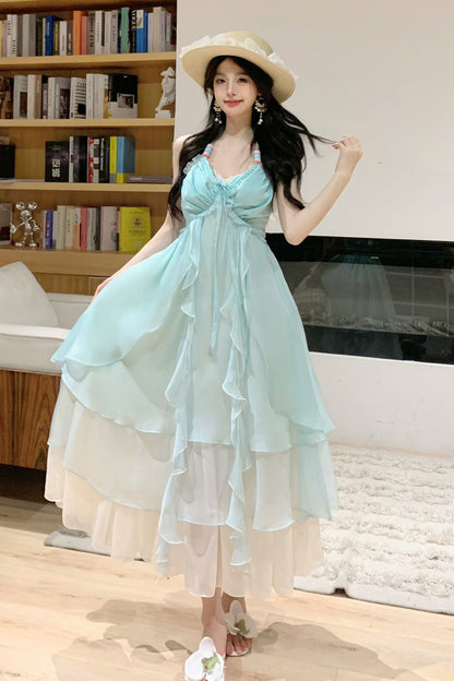 Lolita Jumper Skirt - Dreaming About The Sea, Green, Ruffled, Layered, Lace-Up - additional product view 4