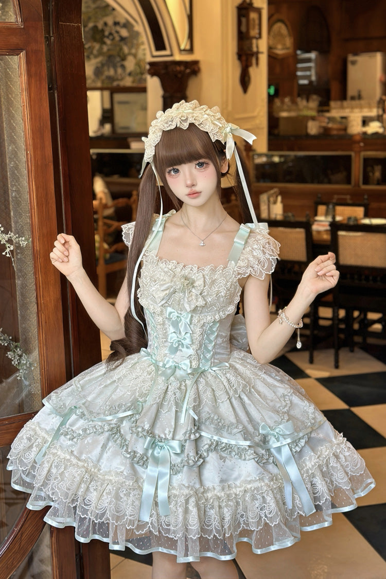 Lolita Jumper Skirt - Dreaming Butterfly, Green, Lace Trim, Ruffled, Layered - additional product view 2
