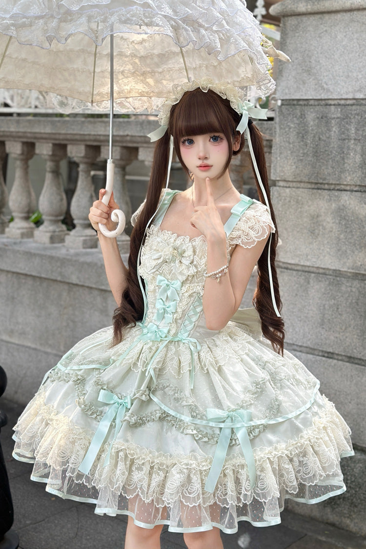 Lolita Jumper Skirt - Dreaming Butterfly, Green, Lace Trim, Ruffled, Layered - additional product view 3