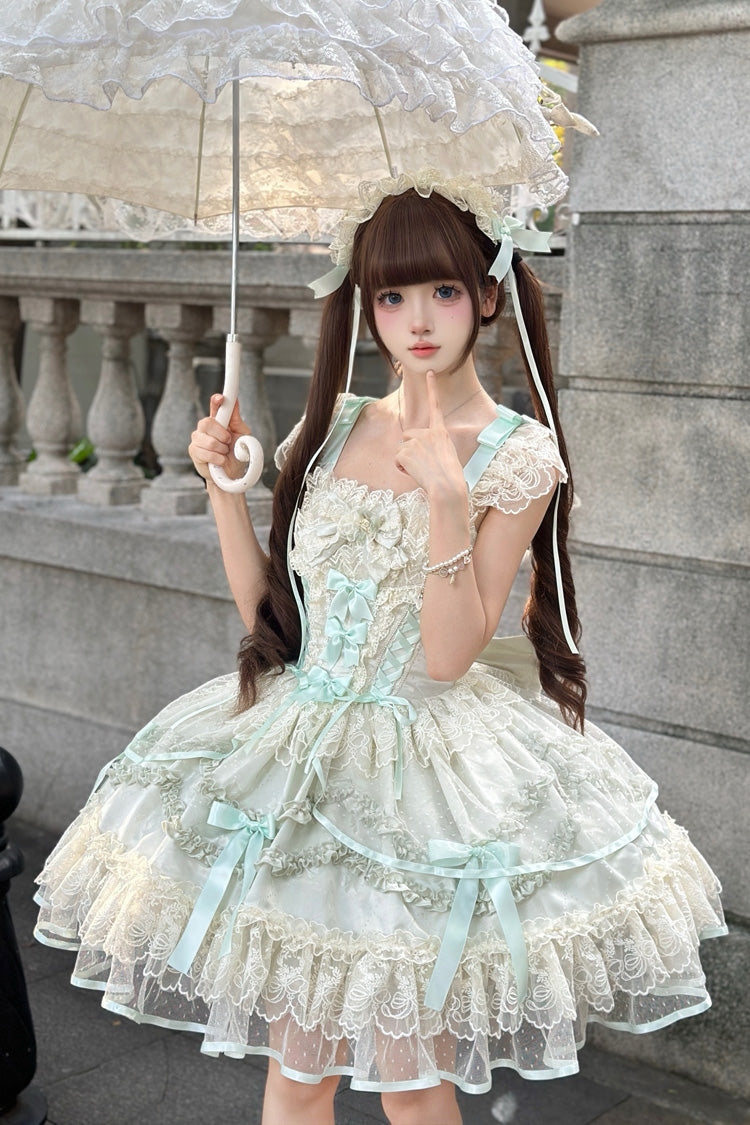 Lolita Jumper Skirt - Dreaming Butterfly, Green, Lace Trim, Ruffled, Layered - additional product view 4