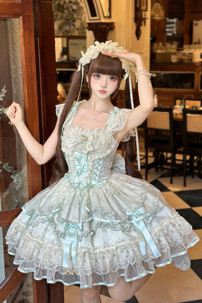 Lolita Jumper Skirt - Dreaming Butterfly, Green, Lace Trim, Ruffled, Layered - additional product view 5