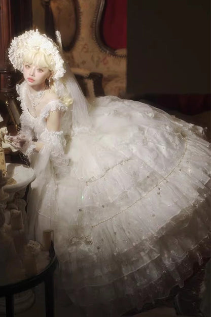 Lolita Jumper Skirt - Dreamy Waltz, White, Plus Size, Bow Detail, Lace Trim - additional product view 5