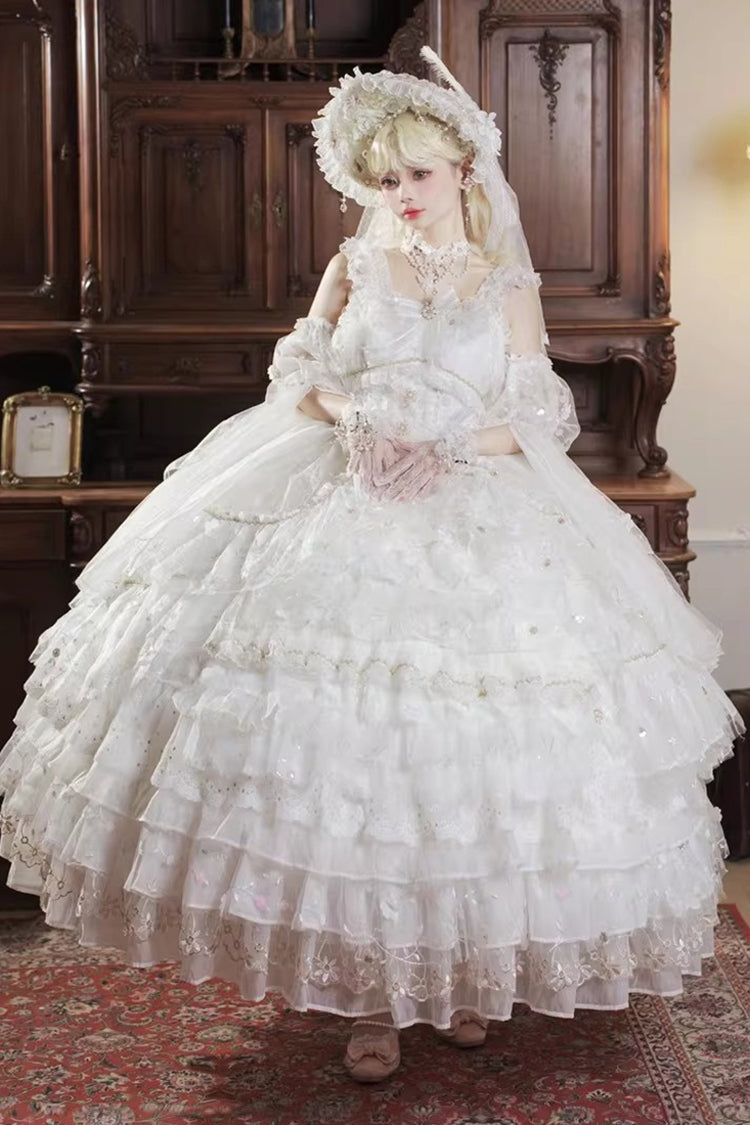 Lolita Jumper Skirt - Dreamy Waltz, White, Plus Size, Bow Detail, Lace Trim - main product image