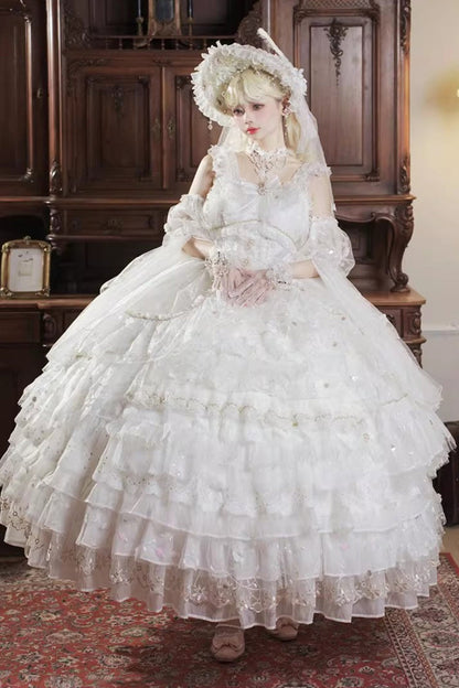Lolita Jumper Skirt - Dreamy Waltz, White, Plus Size, Bow Detail, Lace Trim - main product image