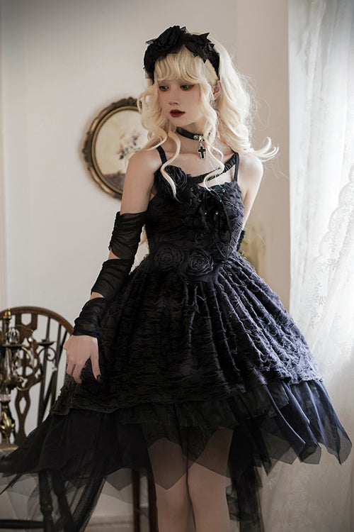 Lolita Jumper Skirt - Dry Rose Fabric Irregular Hem, 2 Colors, High-Low Hem, Sweet Style - S Black / M Black / L Black option
