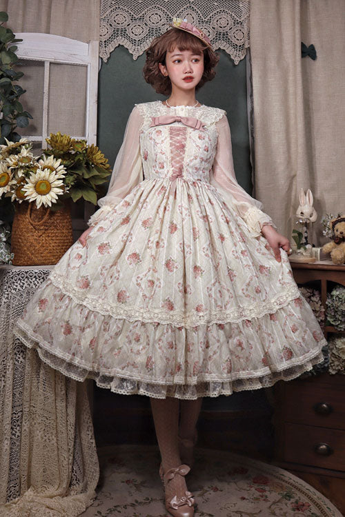 Lolita Jumper Skirt - Elegant Vintage Rose Print, Pink, Bow Detail, Ruffled, Printed - additional product view 2