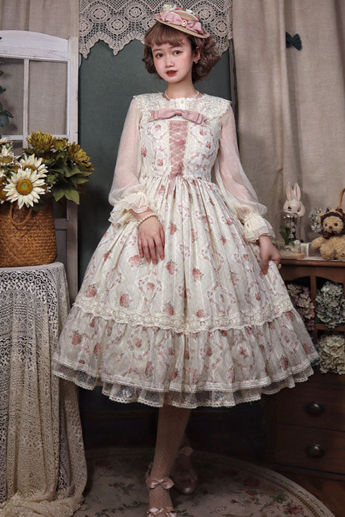 Lolita Jumper Skirt - Elegant Vintage Rose Print, Pink, Bow Detail, Ruffled, Printed - additional product view 3