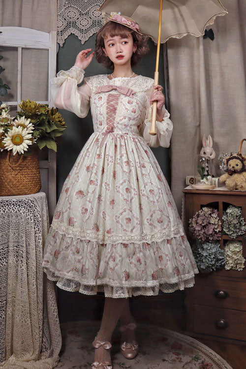 Lolita Jumper Skirt - Elegant Vintage Rose Print, Pink, Bow Detail, Ruffled, Printed - additional product view 4