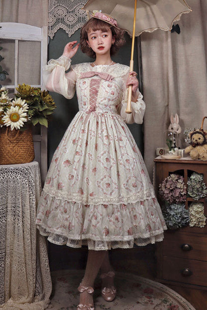 Lolita Jumper Skirt - Elegant Vintage Rose Print, Pink, Bow Detail, Ruffled, Printed - additional product view 4