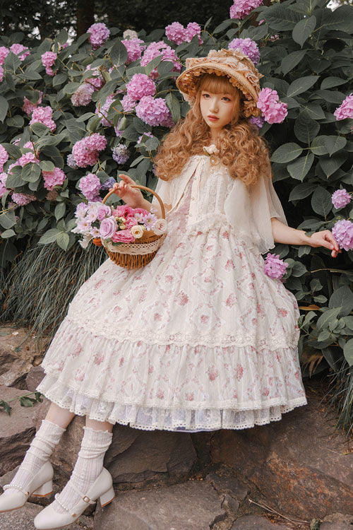 Lolita Jumper Skirt - Elegant Vintage Rose Print, Pink, Bow Detail, Ruffled, Printed - additional product view 5