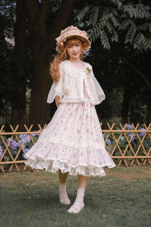 Lolita Jumper Skirt - Elegant Vintage Rose Print, Pink, Bow Detail, Ruffled, Printed - additional product view 6