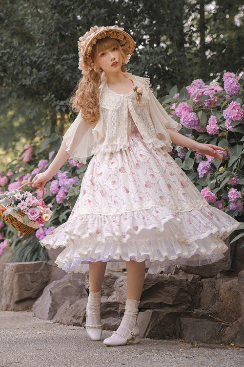 Lolita Jumper Skirt - Elegant Vintage Rose Print, Pink, Bow Detail, Ruffled, Printed - additional product view 7