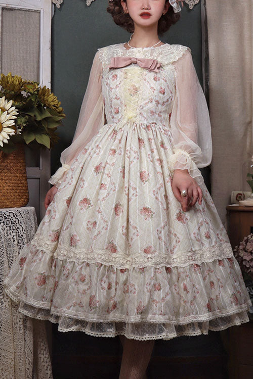 Lolita Jumper Skirt - Elegant Vintage Rose Print, Pink, Bow Detail, Ruffled, Printed - XS Pink / S Pink / M Pink option