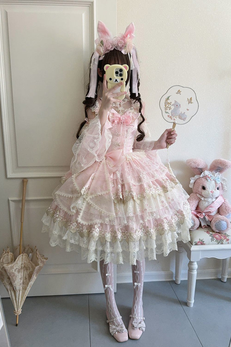Lolita Jumper Skirt - Falling Flowers In The Rain, Pink, Ruffled, Embroidered, Sweet Style - additional product view 2
