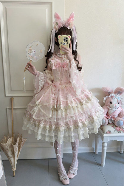 Lolita Jumper Skirt - Falling Flowers In The Rain, Pink, Ruffled, Embroidered, Sweet Style - additional product view 3