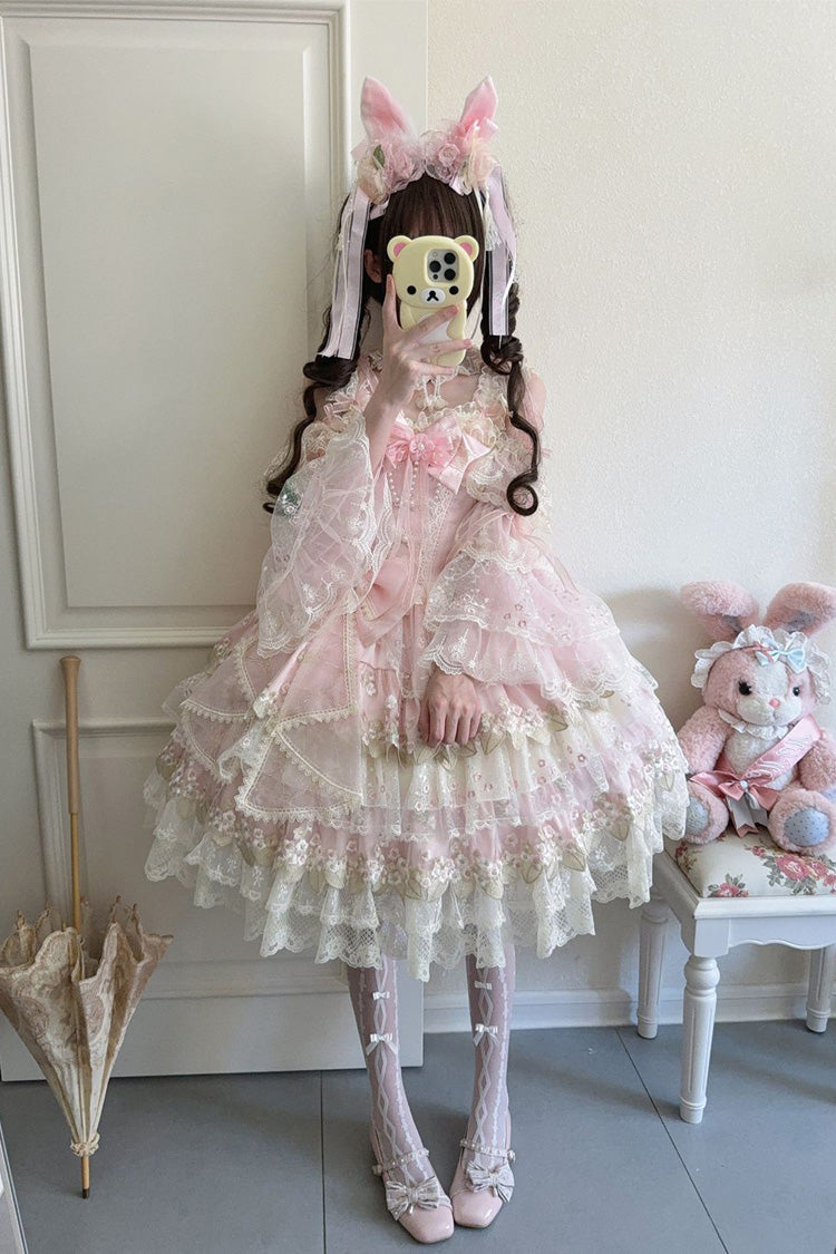 Lolita Jumper Skirt - Falling Flowers In The Rain, Pink, Ruffled, Embroidered, Sweet Style - additional product view 4