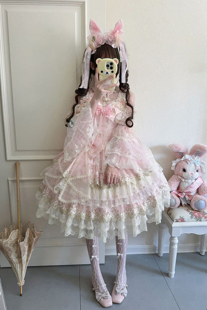 Lolita Jumper Skirt - Falling Flowers In The Rain, Pink, Ruffled, Embroidered, Sweet Style - additional product view 4