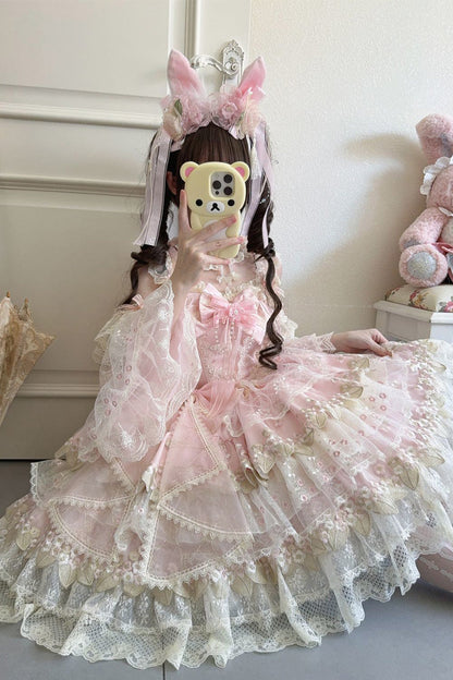Lolita Jumper Skirt - Falling Flowers In The Rain, Pink, Ruffled, Embroidered, Sweet Style - additional product view 5