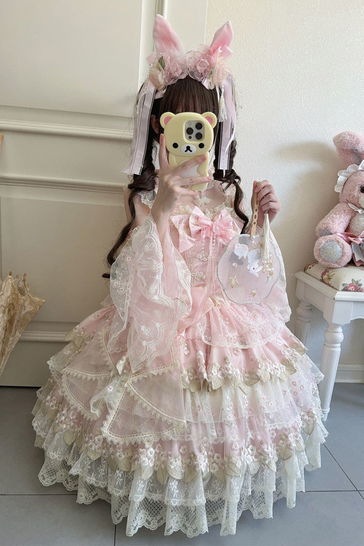 Lolita Jumper Skirt - Falling Flowers In The Rain, Pink, Ruffled, Embroidered, Sweet Style - additional product view 6