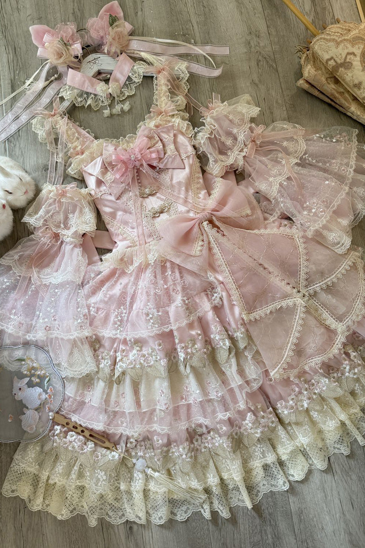 Lolita Jumper Skirt - Falling Flowers In The Rain, Pink, Ruffled, Embroidered, Sweet Style - additional product view 7