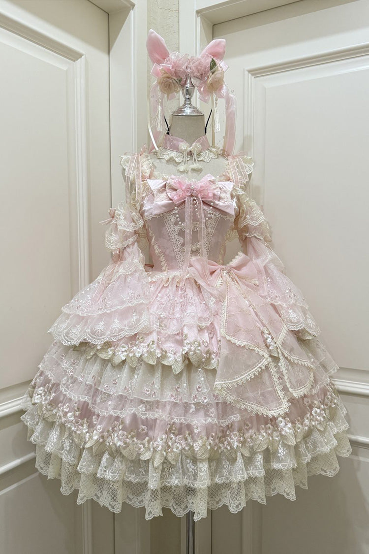 Lolita Jumper Skirt - Falling Flowers In The Rain, Pink, Ruffled, Embroidered, Sweet Style - main product image