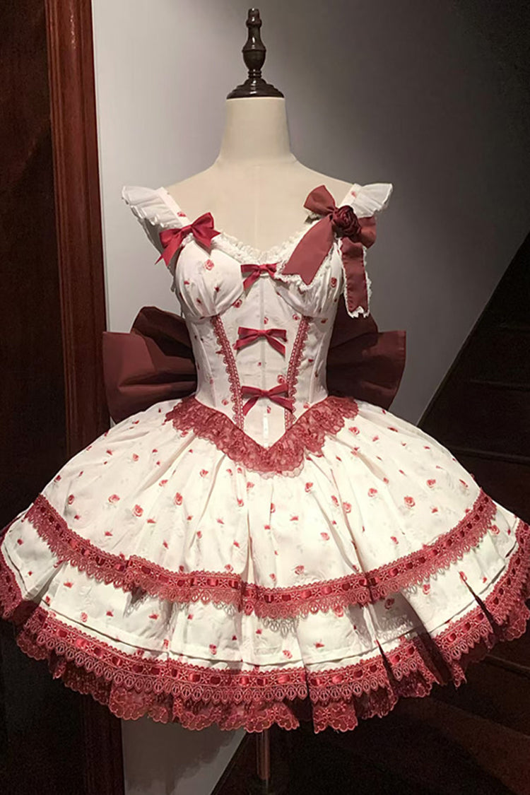Lolita Jumper Skirt - First Love Rose, Red, Lace Trim, Ruffled, Printed - additional product view 2