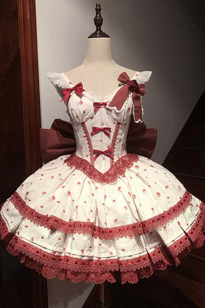 Lolita Jumper Skirt - First Love Rose, Red, Lace Trim, Ruffled, Printed - additional product view 2