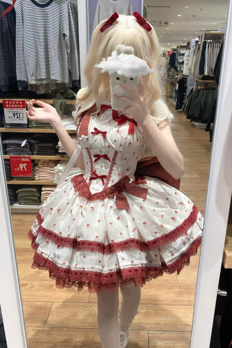 Lolita Jumper Skirt - First Love Rose, Red, Lace Trim, Ruffled, Printed - additional product view 4