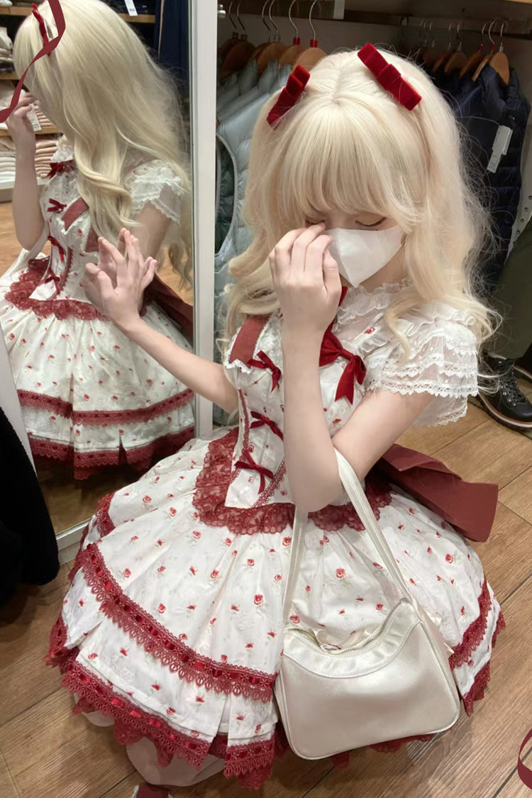 Lolita Jumper Skirt - First Love Rose, Red, Lace Trim, Ruffled, Printed - additional product view 6