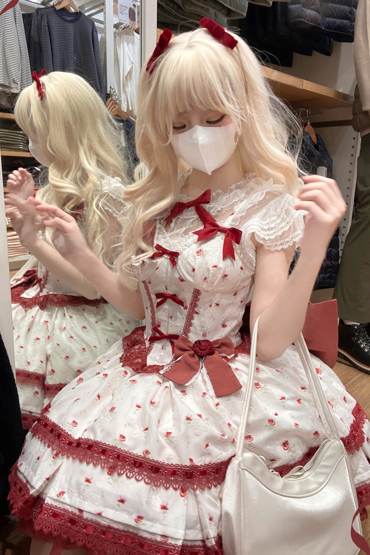 Lolita Jumper Skirt - First Love Rose, Red, Lace Trim, Ruffled, Printed - additional product view 7
