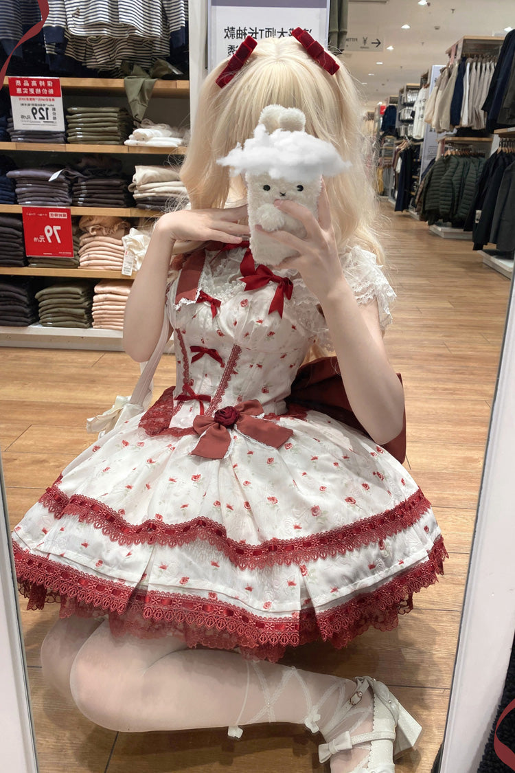 Lolita Jumper Skirt - First Love Rose, Red, Lace Trim, Ruffled, Printed - additional product view 8