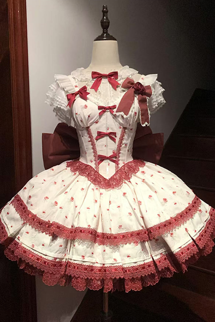 Lolita Jumper Skirt - First Love Rose, Red, Lace Trim, Ruffled, Printed - main product image
