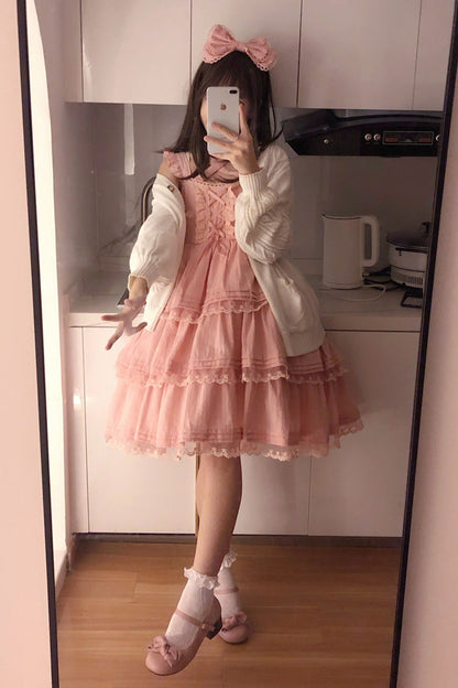 Lolita Jumper Skirt - First Love Triple-layered, Pink, Bow Detail, Lace Trim, Ruffled - additional product view 2