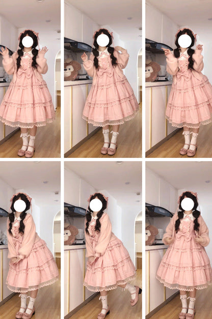 Lolita Jumper Skirt - First Love Triple-layered, Pink, Bow Detail, Lace Trim, Ruffled - additional product view 3