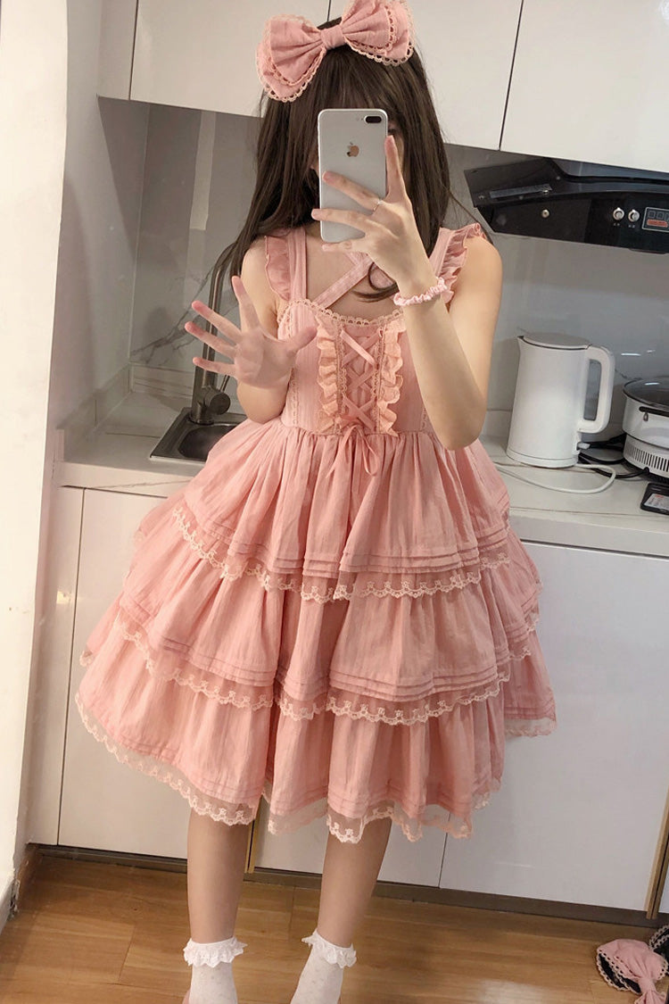 Lolita Jumper Skirt - First Love Triple-layered, Pink, Bow Detail, Lace Trim, Ruffled - main product image