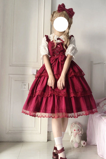 Lolita Jumper Skirt - First Love Triple-layered, Red, Ruffled, Sweet Style, Bow Detail - additional product view 2