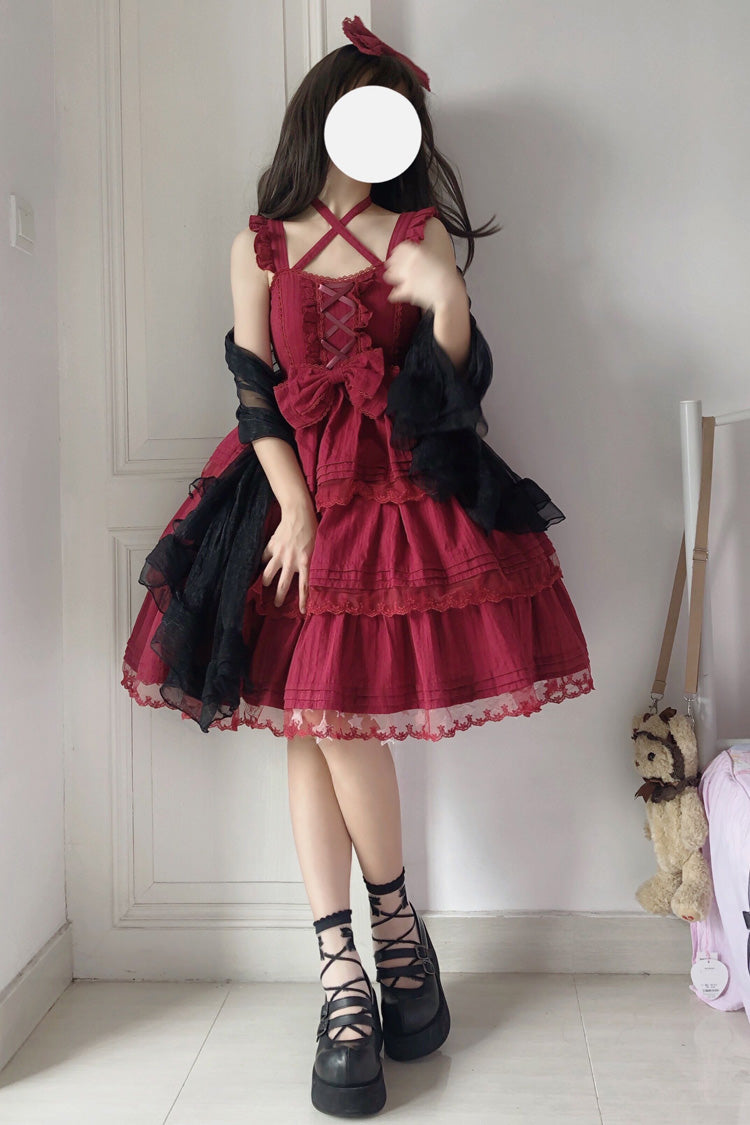 Lolita Jumper Skirt - First Love Triple-layered, Red, Ruffled, Sweet Style, Bow Detail - additional product view 3