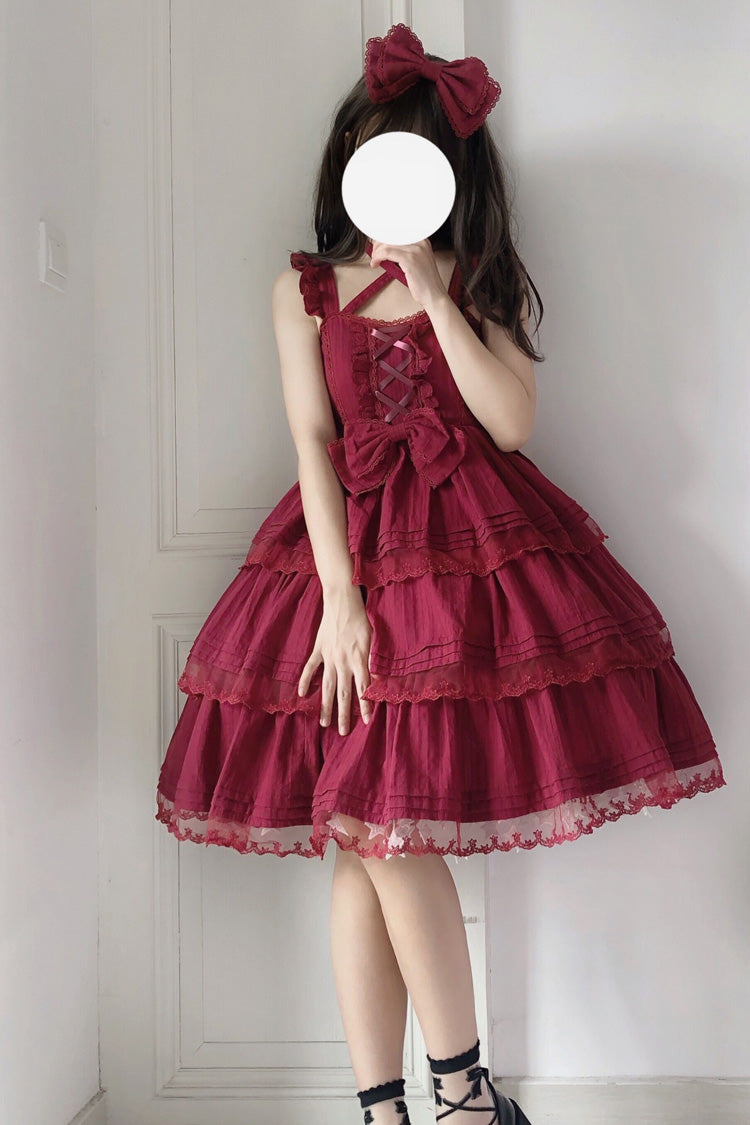 Lolita Jumper Skirt - First Love Triple-layered, Red, Ruffled, Sweet Style, Bow Detail - main product image