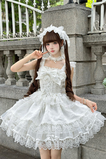 Lolita Jumper Skirt - Fleishi Island, White, Ballet-Inspired Style, Bow Detail, Lace Trim - additional product view 2