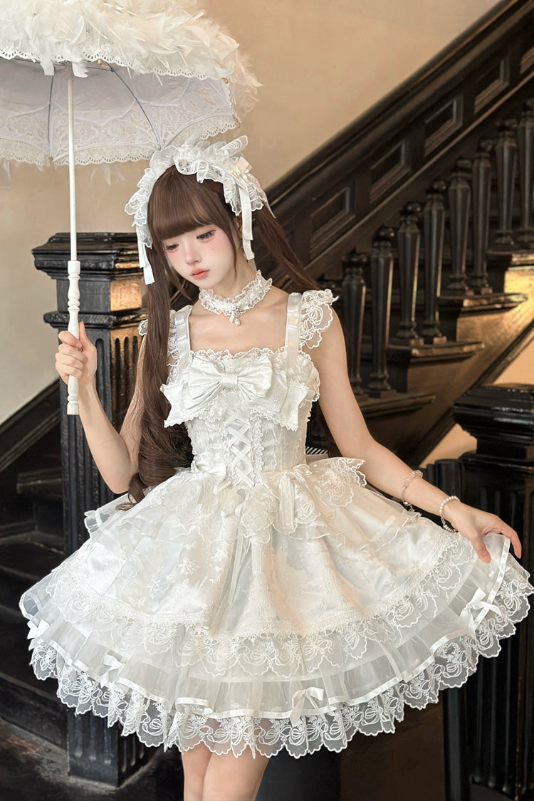 Lolita Jumper Skirt - Fleishi Island, White, Ballet-Inspired Style, Bow Detail, Lace Trim - additional product view 6