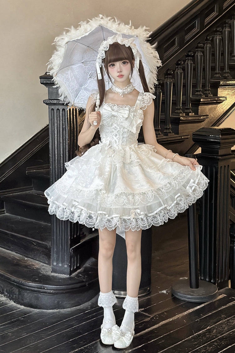 Lolita Jumper Skirt - Fleishi Island, White, Ballet-Inspired Style, Bow Detail, Lace Trim - additional product view 7