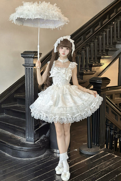 Lolita Jumper Skirt - Fleishi Island, White, Ballet-Inspired Style, Bow Detail, Lace Trim - additional product view 8