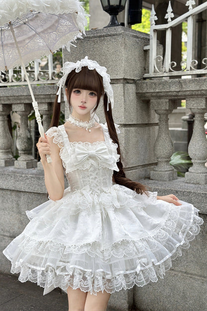Lolita Jumper Skirt - Fleishi Island, White, Ballet-Inspired Style, Bow Detail, Lace Trim - additional product view 9